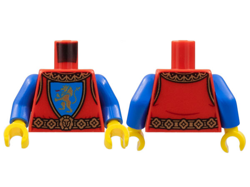 [P 973pb4841c01 (Red)] Torso Castle Surcoat, Gold Collar and Belt, Lion with Raised Foot on Blue Shield Emblem Pattern / Blue Arms / Yellow Hands