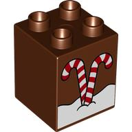 [P 31110pb182 (Reddish Brown)] Duplo, Brick 2 x 2 x 2 with 2 White and Red Striped Candy Canes in Snow Pattern