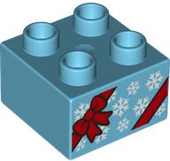 [P 3437pb115 (Medium Azure)] Duplo, Brick 2 x 2 with Present / Gift with Red Ribbon with Bow and White Snowflakes Pattern