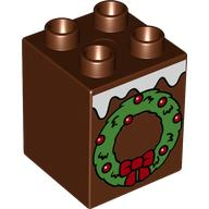 [P 31110pb181 (Reddish Brown)] Duplo, Brick 2 x 2 x 2 with White Snow and Green Christmas Wreath with Red Balls and Bow Pattern