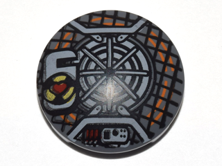 [P 2654pb008 (Dark Bluish Gray)] Plate, Round 2 x 2 with Rounded Bottom and Grid, Black and Orange Concentric Circles and Red Heart (Proton Pack) Pattern