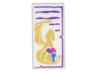 [P 3069pb0508 (White)] Tile 1 x 2 with Dark Purple Markings and Gold Dragon Holding 5 Colored Eggs Pattern
