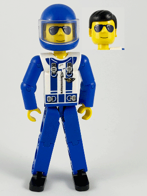 [M tech038a (No Colour)] Technic Figure Blue Legs, White Top with Zipper and Blue Shoulder Harness Pattern, Blue Arms, Blue Helmet, Trans-Clear Visor