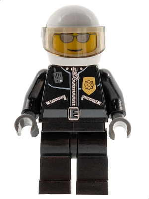 [M cty0027 (No Colour)] Police - City Leather Jacket with Gold Badge, White Helmet, Trans-Brown Visor, Silver Sunglasses