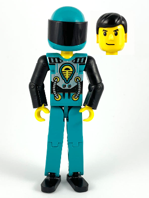 [M tech013a (No Colour)] Technic Figure Dark Turquoise Legs, Dark Turquoise Torso with Yellow, Black, Silver Pattern, Black Arms, Dark Turquoise Helmet, Black Visor