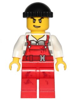 [M cty0709 (No Colour)] Police - City Bandit Male with Red Overalls, Black Knit Cap, Lopsided Open Mouth Smile