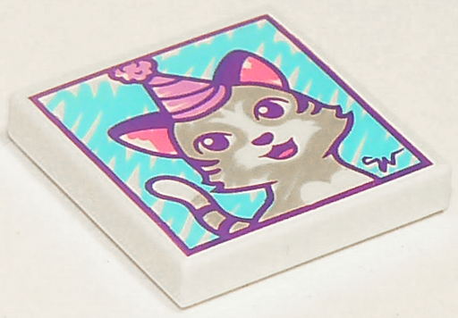 [P 3068bpb1146 (White)] Tile 2 x 2 with Groove with Cat Wearing Party Hat Drawing Pattern