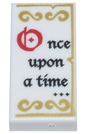 [P 3069pb0507 (White)] Tile 1 x 2 with Black and Red 'Once upon a time...' and Gold Decorations Pattern