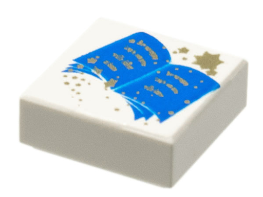 [P 3070px8 (White)] Tile 1 x 1 with Blue Open Book and Gold Stars Pattern