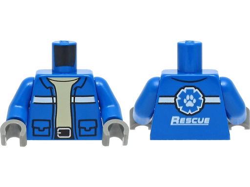 [P 973pb4351c01 (Blue)] Torso Jacket with Pockets, White Stripes and Silver Belt Buckle and Wildlife Rescue Logo with Paw Print on Back Pattern / Blue Arms / Dark Bluish Gray Hands