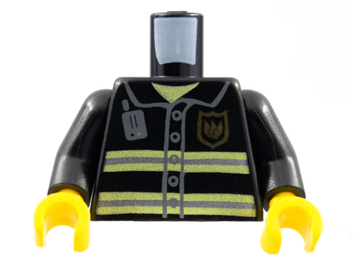 [P 973pb0300c01 (Black)] Torso Fire Uniform Gold Badge, Silver Reflective Stripes, Dark Bluish Gray Radio Pattern / Black Arms / Yellow Hands