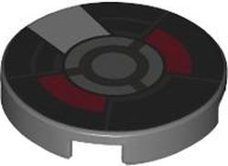 [P 14769pb605 (Dark Bluish Gray)] Tile, Round 2 x 2 with Bottom Stud Holder with Black, Dark Red and Silver Armor Plates and Circles Pattern