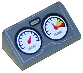 [P 85984pb100 (Dark Bluish Gray)] Slope 30 1 x 2 x 2/3 with 2 Gauges and Silver Outline Pattern