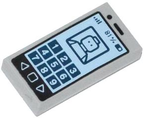 [P 3069pb0304 (Light Bluish Gray)] Tile 1 x 2 with Cell Phone / Smartphone with '81%' and Minifigure on Screen Pattern