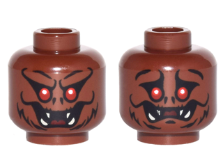 [P 3626cpb1077 (Reddish Brown)] Minifigure, Head Dual Sided Alien with Red Eyes, Fangs, Fur Smiling / Worried Pattern - Hollow Stud