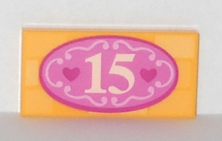 [P 87079pb0210 (Bright Light Orange)] Tile 2 x 4 with Number '15' and Dark Pink Hearts in Oval Pattern