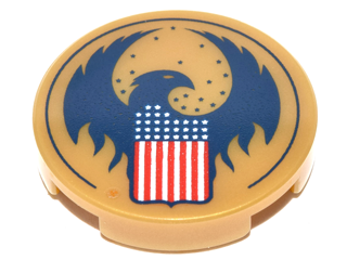 [P 14769pb158 (Pearl Gold)] Tile, Round 2 x 2 with Bottom Stud Holder with Blue Bird with Raised Wings and Flag with Red, White and Blue Stars and Stripes Pattern