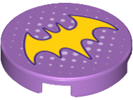 [P 14769pb192 (Medium Lavender)] Tile, Round 2 x 2 with Bottom Stud Holder with Yellow Bat Symbol and Small White Dots Pattern