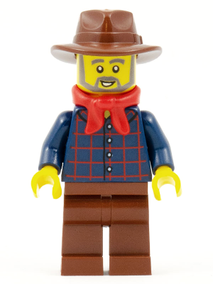 [M ww025 (No Colour)] Gold Prospector - Male, Dark Blue Plaid Button Shirt, Reddish Brown Legs, Reddish Brown Fedora Hat, Red Bandana, Beard
