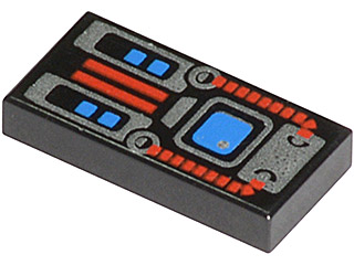 [P 3069px28 (Black)] Tile 1 x 2 with Spyrius Blue Screen, Silver and Red Panel Pattern