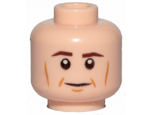 [P 3626cpb0563 (Light Nougat)] Minifigure, Head Dark Brown Eyebrows, Medium Nougat Cheek Lines, Dimples, and Chin Dimple, Grin Pattern - Hollow Stud