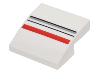 [P 15068pb075 (White)] Slope, Curved 2 x 2 x 2/3 with Red, Light Bluish Gray and Black Stripes Pattern