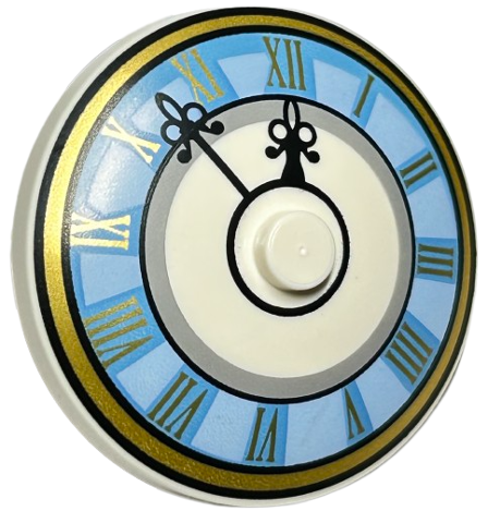 [P 3960pb037 (White)] Dish 4 x 4 Inverted (Radar) with Solid Stud with Clock Face Light Blue with Roman Numerals Pattern