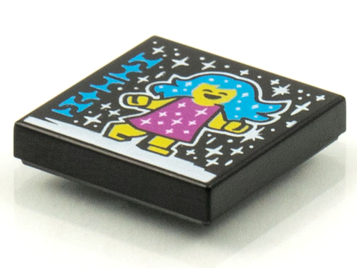 [P 3068bpb1555 (Black)] Tile 2 x 2 with Groove with BeatBit Album Cover - Girl with Dark Azure Hair, Magenta Dress and White Stars Pattern