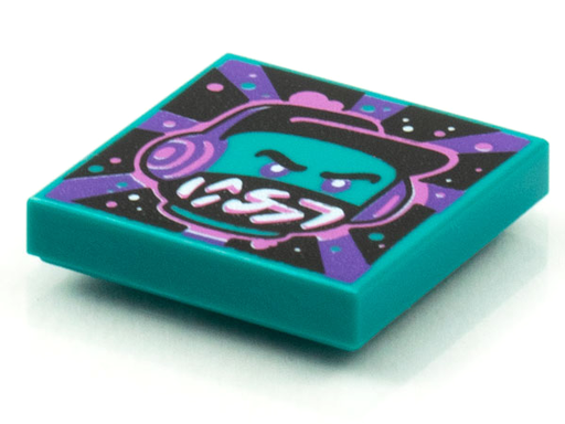 [P 3068bpb1586 (Dark Turquoise)] Tile 2 x 2 with Groove with BeatBit Album Cover - Dark Turquoise Minifigure, Black Hat and Dark Purple Headphones Pattern