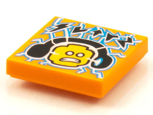 [P 3068bpb1598 (Orange)] Tile 2 x 2 with Groove with BeatBit Album Cover - Minifigure Head with Headphones and Lightning Bolts Electricity Pattern
