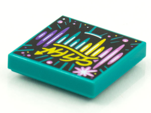 [P 3068bpb1608 (Dark Turquoise)] Tile 2 x 2 with Groove with BeatBit Album Cover - Pink, Yellow, Dark Turquoise and Dark Purple Stripes, Lines and Dots Pattern