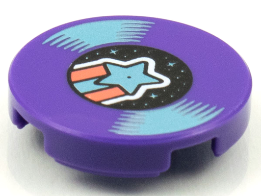 [P 14769pb387 (Dark Purple)] Tile, Round 2 x 2 with Bottom Stud Holder with LP Record, Metallic Light Blue Shooting Star on Label Pattern