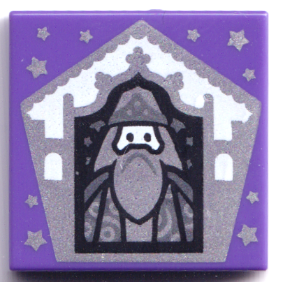 [P 3068pb1742 (Dark Purple)] Tile 2 x 2 with HP Chocolate Frog Card Albus Dumbledore Silver Pattern