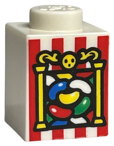 [P 3005pb051 (White)] Brick 1 x 1 with Jelly Beans, Yellow Pillars, and Red Stripes Pattern (HP Bertie Bott's Beans)