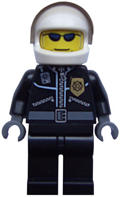[M cty0006 (No Colour)] Police - City Leather Jacket with Gold Badge, White Helmet, Trans-Brown Visor, Dark Blue Sunglasses