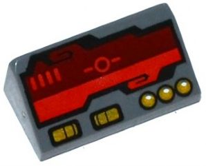 [P 85984pb077 (Dark Bluish Gray)] Slope 30 1 x 2 x 2/3 with Dark Red Horizon Screen and Gold Switches and Buttons Pattern