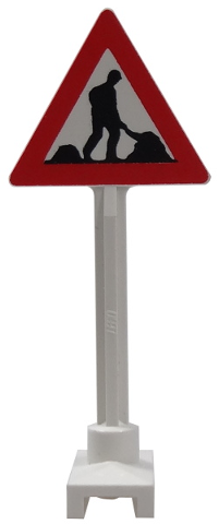 [P 649pb10a (White)] Road Sign Triangle with Thick Worker and 2 Piles Pattern
