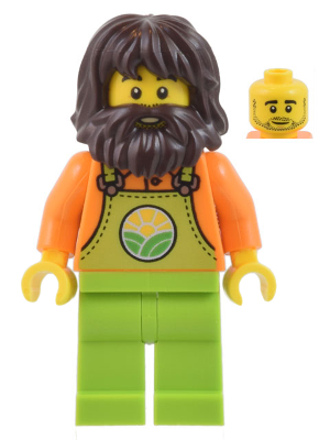 [M cty1442 (No Colour)] Farmer - Male, Lime Overalls over Orange Shirt, Lime Legs, Dark Brown Shaggy Hair and Beard