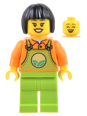[M cty1444 (No Colour)] Farmer - Female, Lime Overalls over Orange Shirt, Lime Legs, Black Short Hair