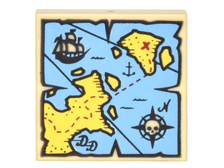 [P 3068pb0929 (Tan)] Tile 2 x 2 with Map Blue Water, Yellow Land, Black Pirate Ship, Compass Rose, White Skeleton Head and Red 'X' Pattern