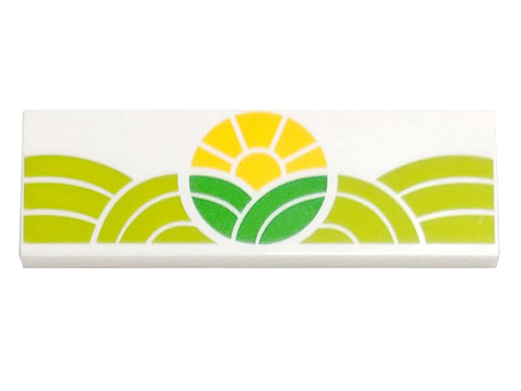 [P 69729pb034 (White)] Tile 2 x 6 with Bright Green and Lime Hills and Yellow Sun Pattern