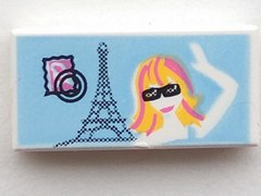 [P 3069pb0041 (White)] Tile 1 x 2 with Eiffel Tower and Girl Waving Pattern