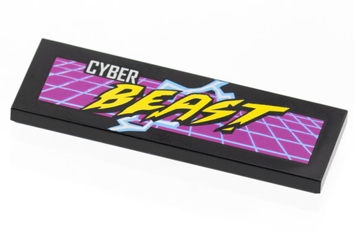 [P 69729pb015 (Black)] Tile 2 x 6 with Silver and Yellow 'CYBER BEAST' on Purple Grid, Bright Light Blue Lightning Pattern