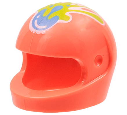 [P 2446pb45 (Coral)] Minifigure, Headgear Helmet Motorcycle (Standard) with Medium Blue and Lime Paint Splotches with White Outline Pattern