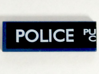 [P 63864pb038L (Dark Blue)] Tile 1 x 3 with White 'POLICE', 'PU', and 'C' (Police Public Call Box) on Black Background Pattern (Left Side)