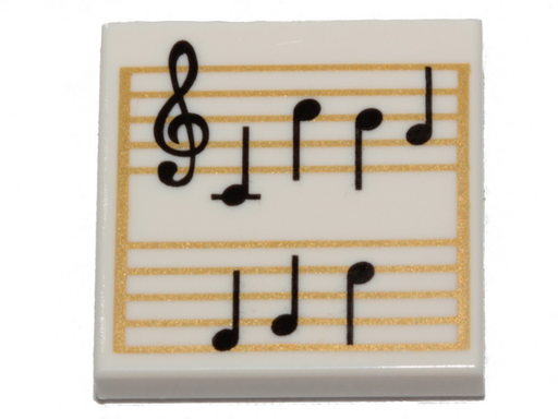 [P 3068pb1291 (White)] Tile 2 x 2 with Sheet Music, Black Treble Clef and Music Notes on Gold Staves Pattern