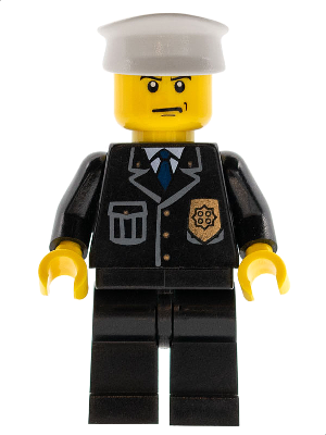 [M cty0008 (No Colour)] Police - City Suit with Blue Tie and Badge, Black Legs, Scowl, White Hat