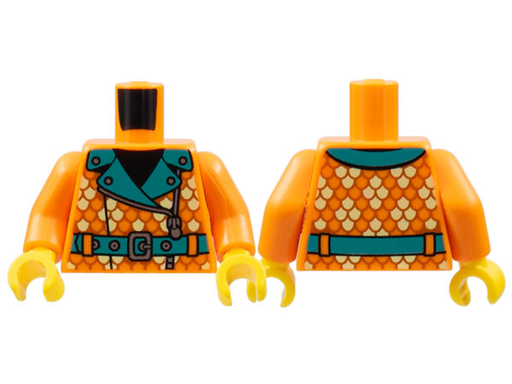 [P 973pb4759c01 (Orange)] Torso Coat with Dark Turquoise Lapels and Belt, Silver Studs, Zipper and Buckle, Tan Scales Pattern / Orange Arms / Yellow Hands