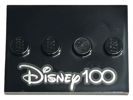 [P 88646pb011 (Black)] Tile, Modified 3 x 4 with 4 Studs in Center with Silver 'Disney 100' Pattern