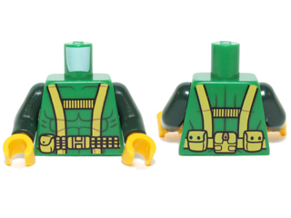 [P 973pb1748c01 (Green)] Torso Muscles Outline with Yellow Harness Straps and Utility Belt Pattern / Dark Green Arms / Yellow Hands